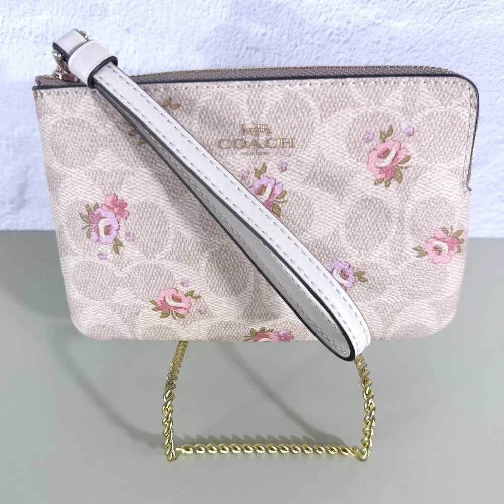 Coach Wristlet Corner Zip Signature Canvas Floral Print Sand Multi NEW